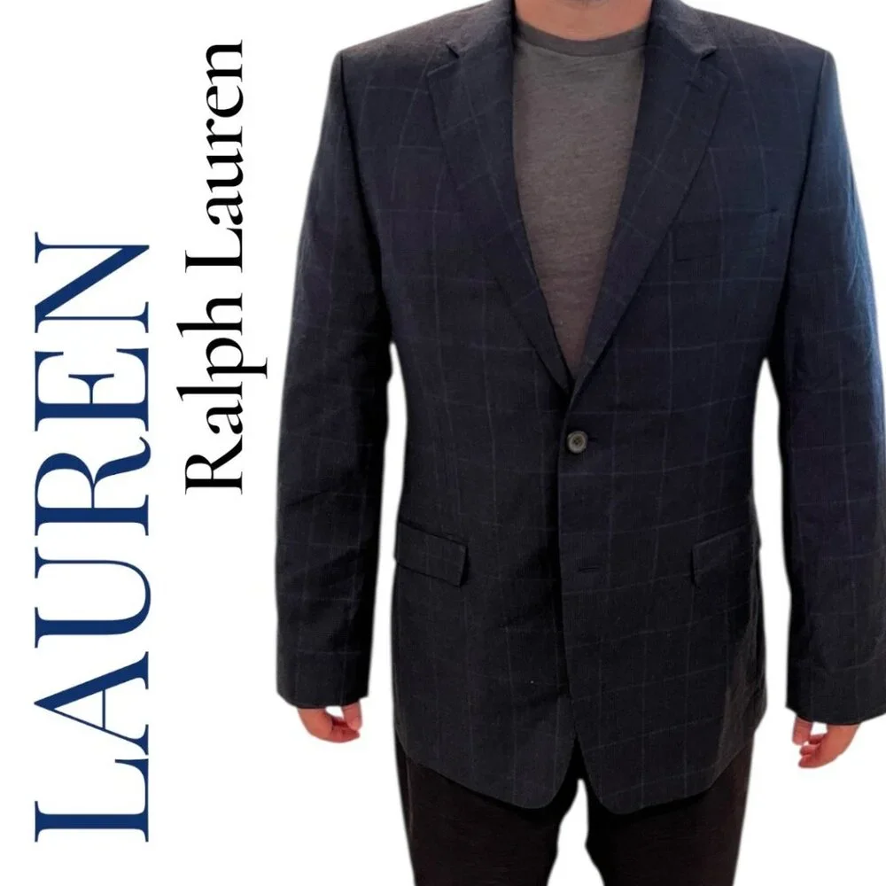 LAUREN RALPH LAUREN MEN’S 100% WOOL PLAID‎ BLAZER 2-BUTTON GRAY BLUE, SIZE 48R